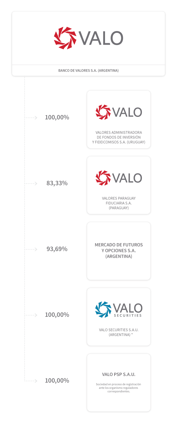 Banco de Valores S.A. posee el 93,69% de Mercado de Futuros y Opciones S.A., el 100% de Valores A.F.I.yF.S.A. (Uruguay), el 83,33% de VALORES PARAGUAY FIDUCIARIA S.A. (Paraguay), el 100% de VALO Securities S.A.U. y el 50% de BT VALO LLC (USA).
